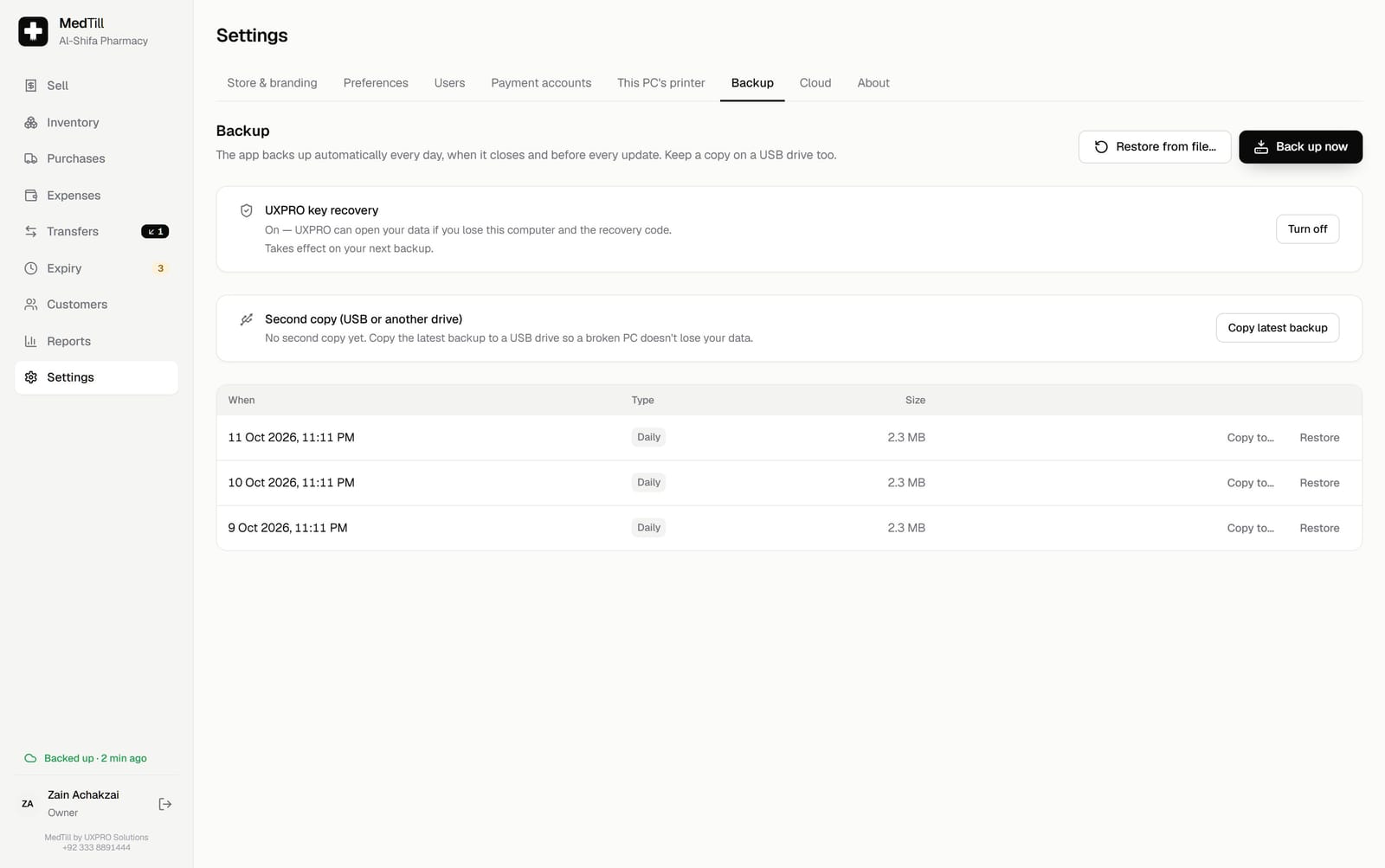 MedTill's Backup screen showing automatic daily backups and restore options