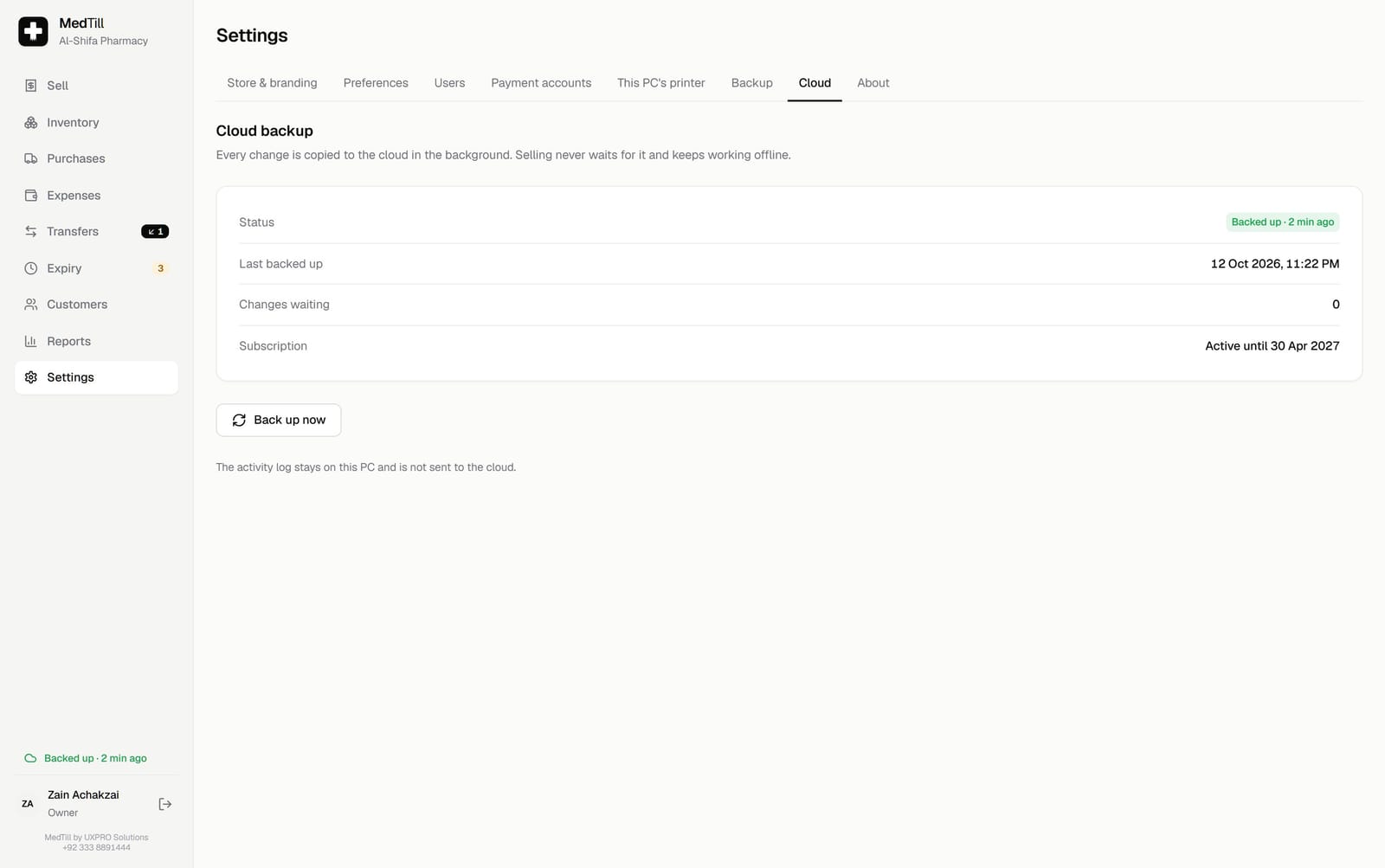 The MedTill Cloud backup settings screen