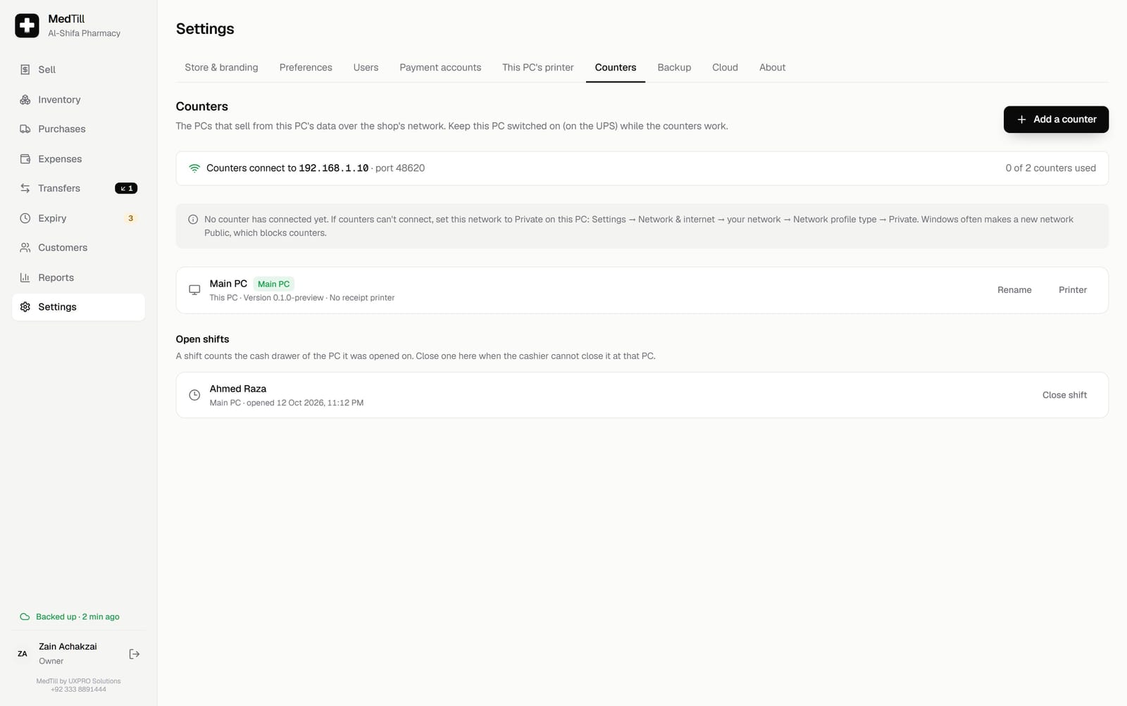 The MedTill Counters settings screen