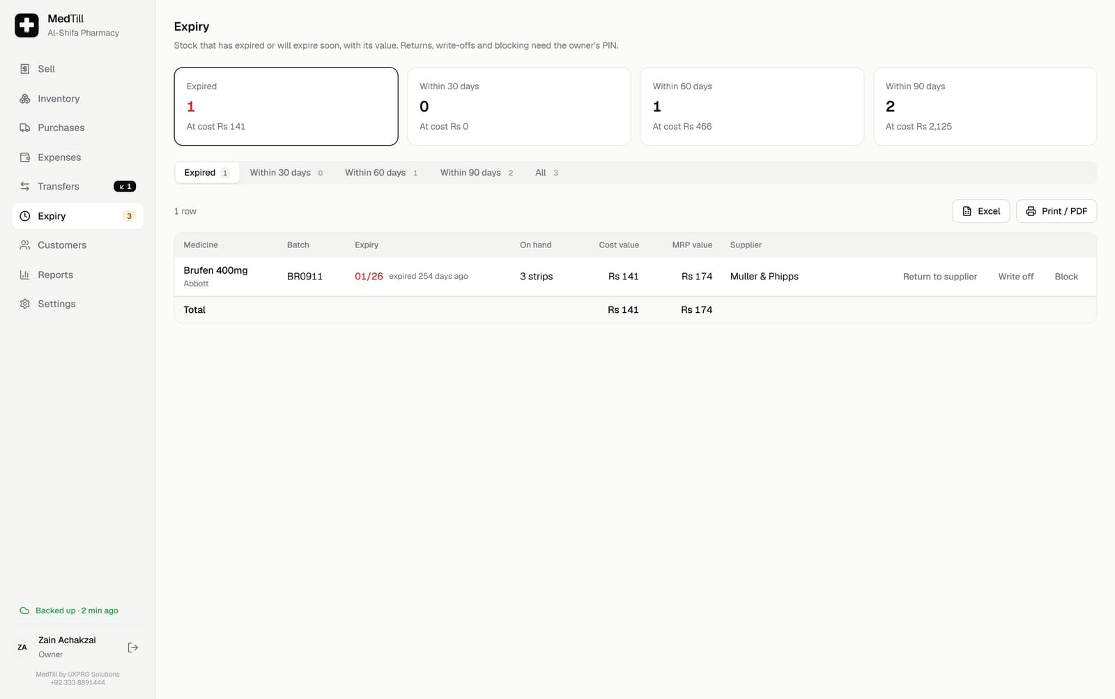 The MedTill Expiry screen grouping batches by days to expiry