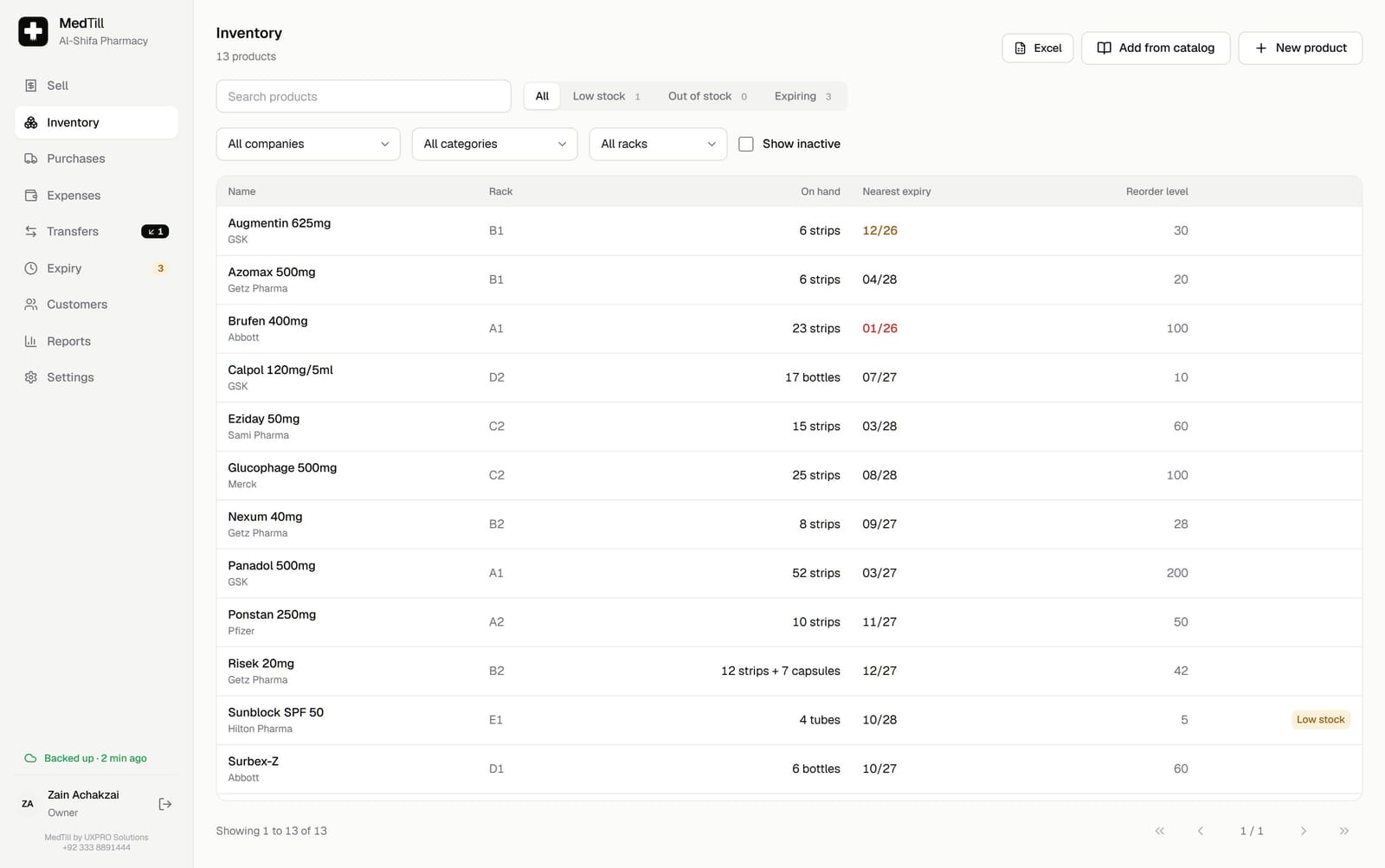 The MedTill Inventory screen with products and batches