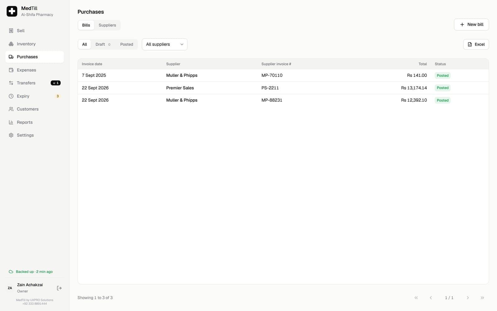 The MedTill Purchases screen listing supplier bills