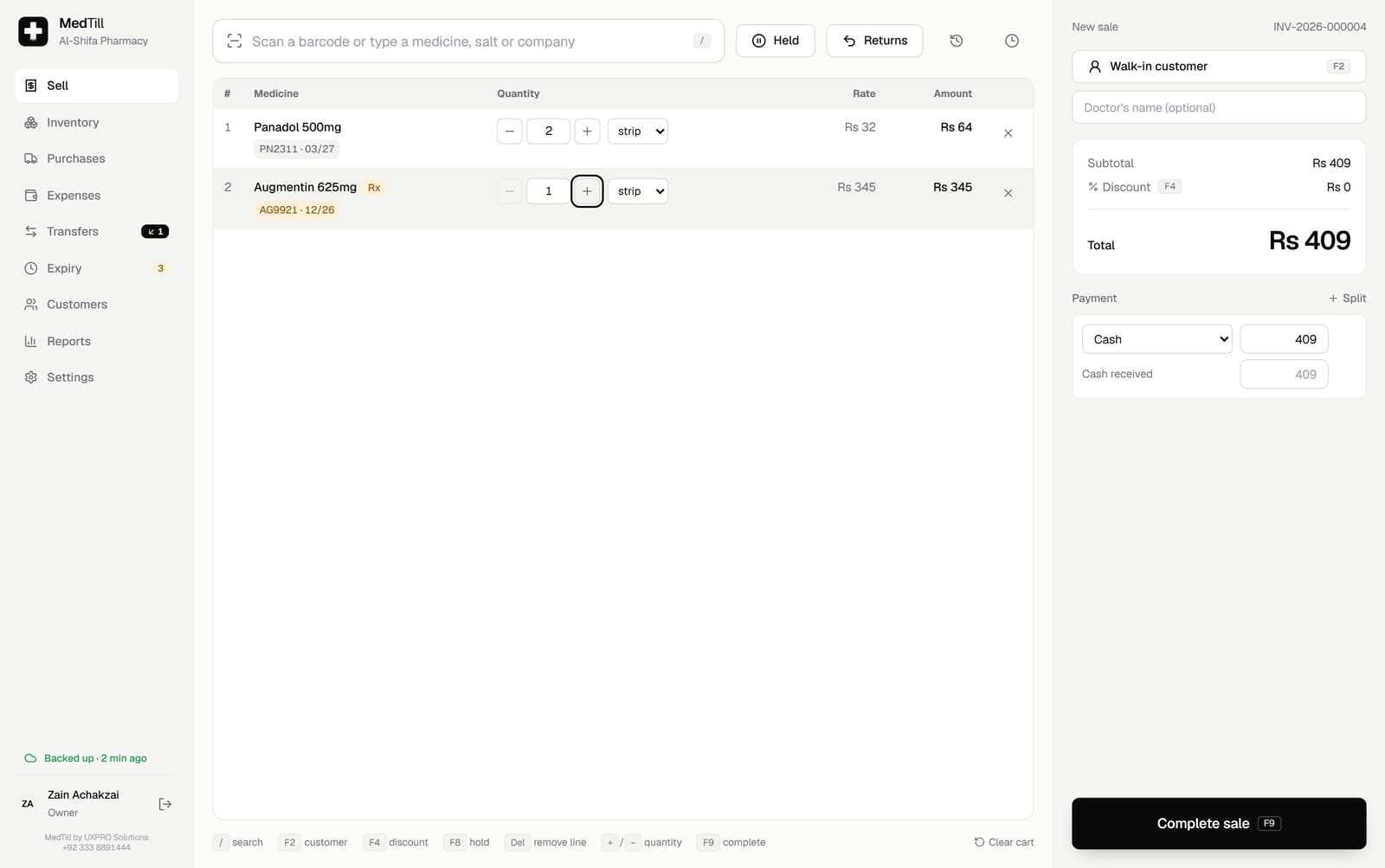 The MedTill Sell screen: a live sale with scanned items, batch selection and split payments