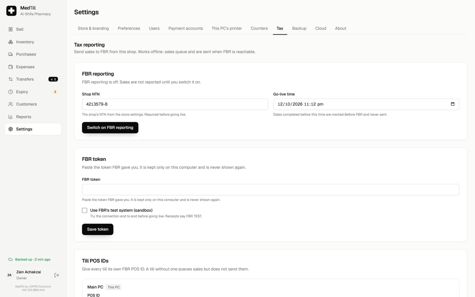 The MedTill Tax settings screen for FBR reporting
